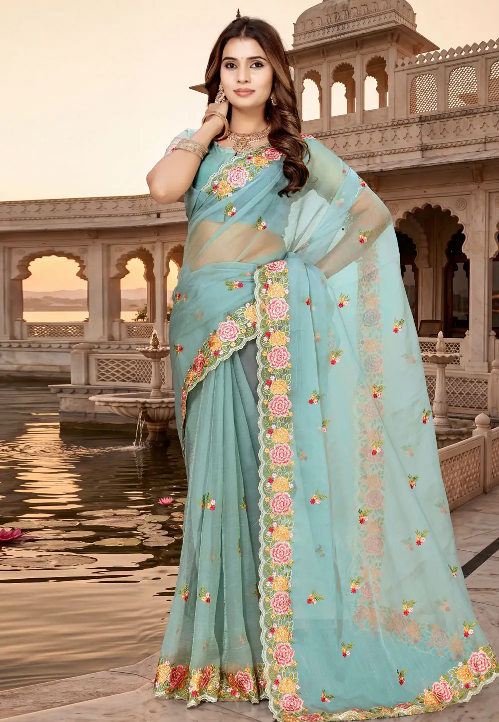 Sea Green Silk Saree With Blouse 335580