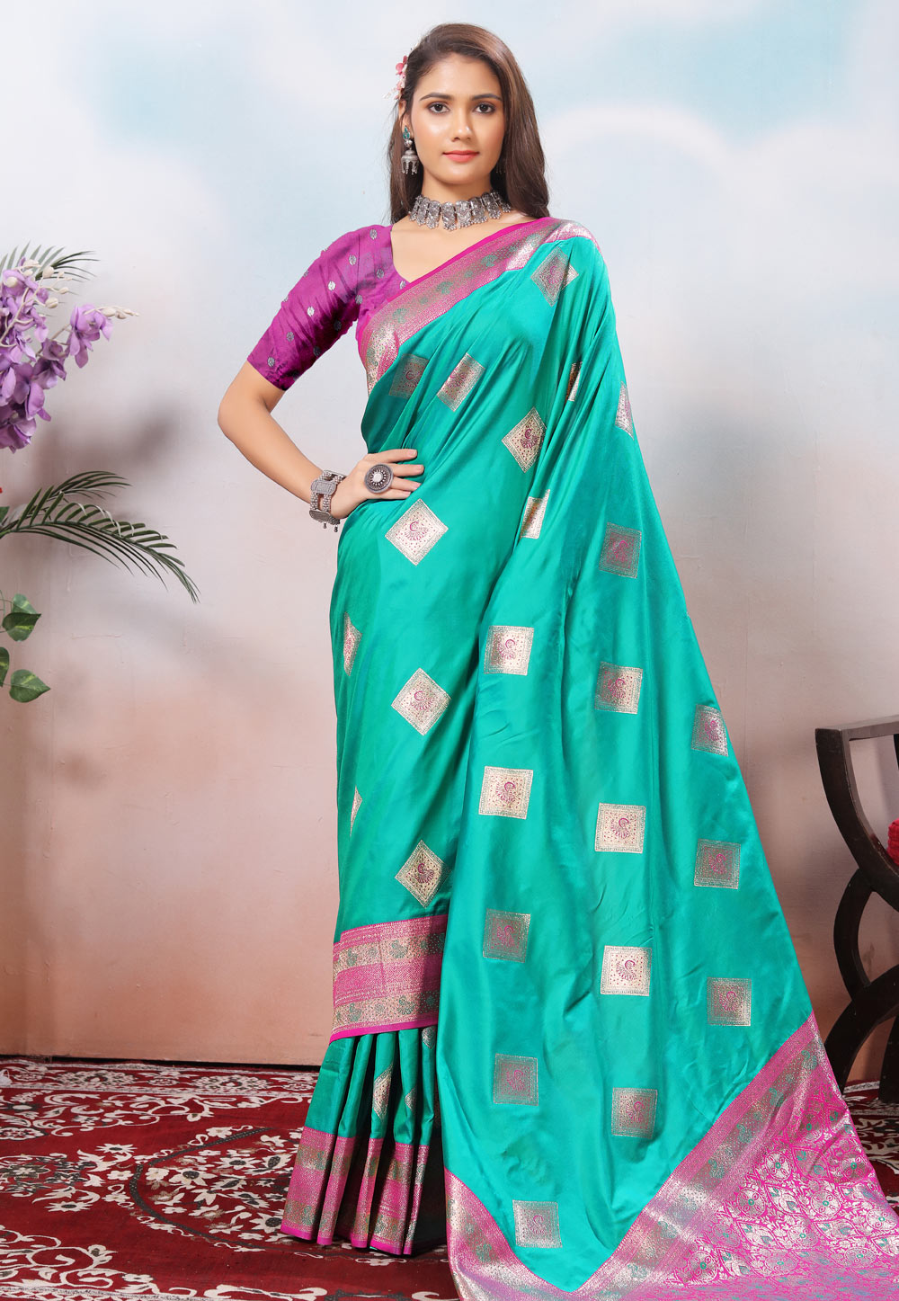 Sea Green Silk Saree With Blouse 308767