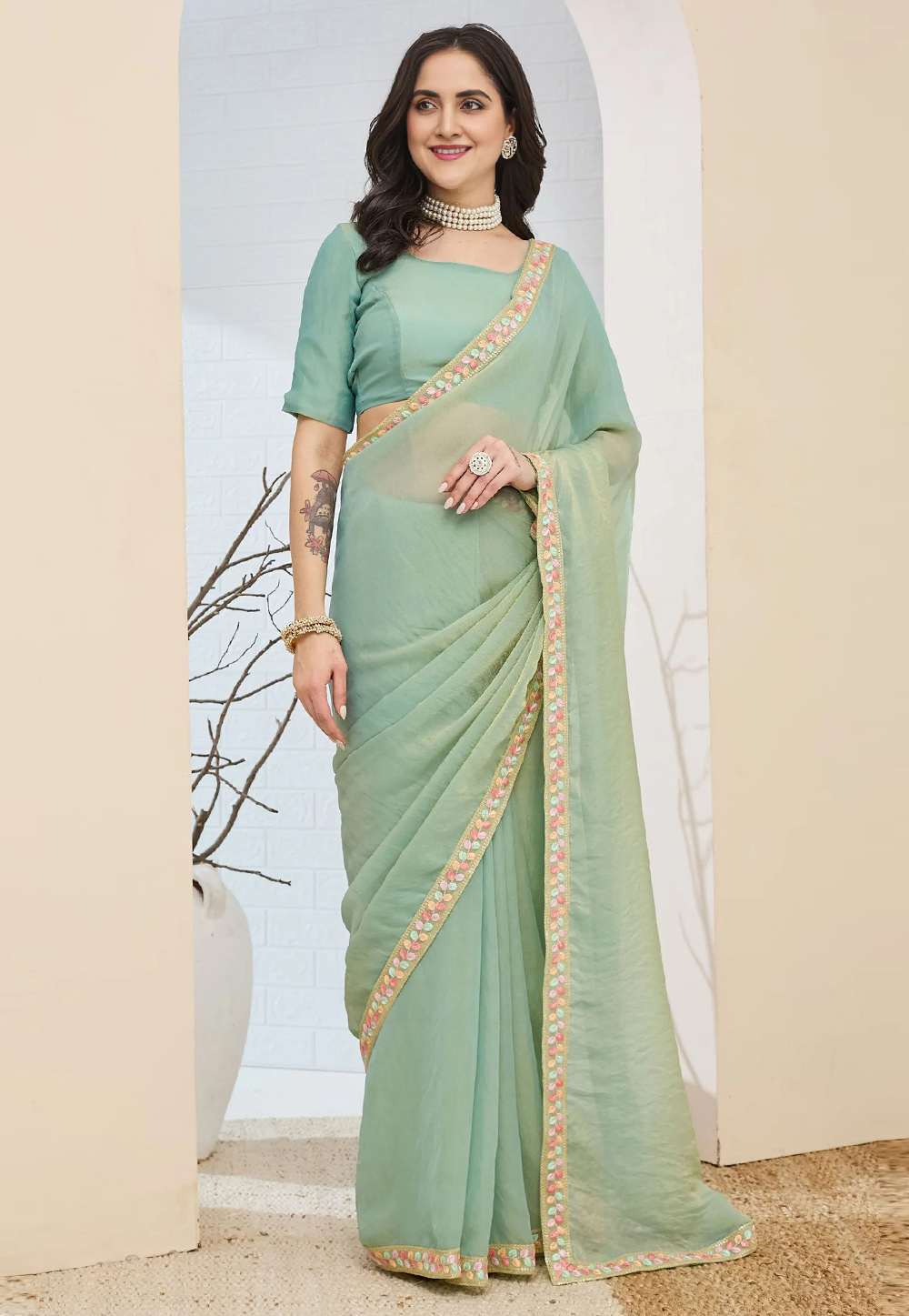 Sea Green Silk Saree With Blouse 329509