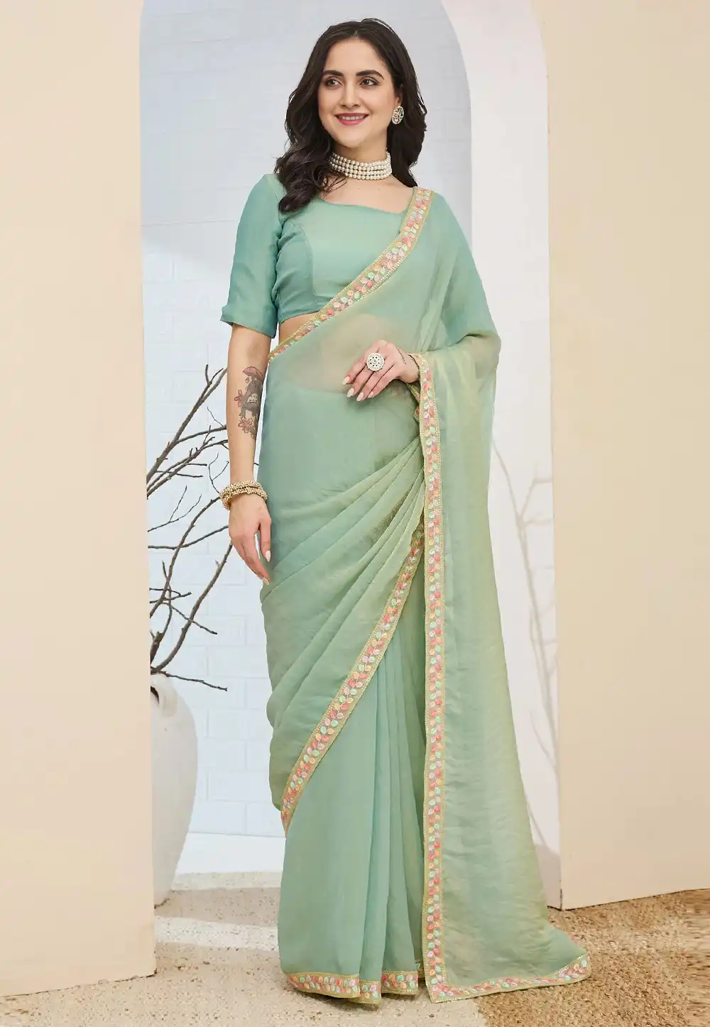 Sea Green Silk Saree With Blouse 329509