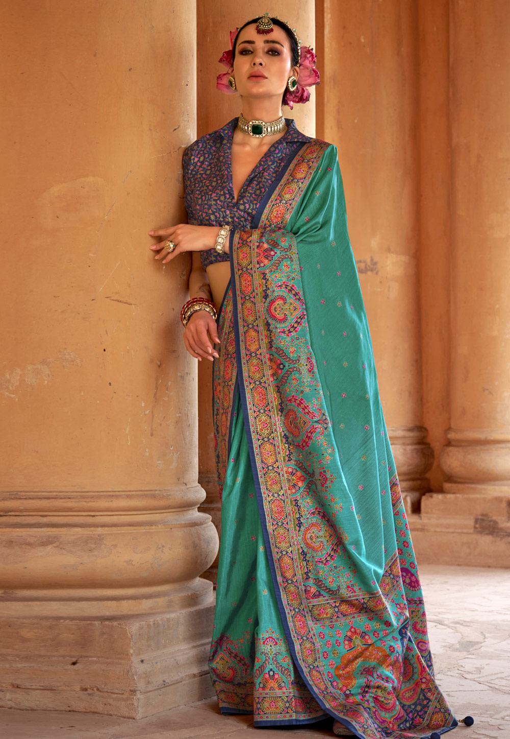 Sea Green Silk Saree With Blouse 309814