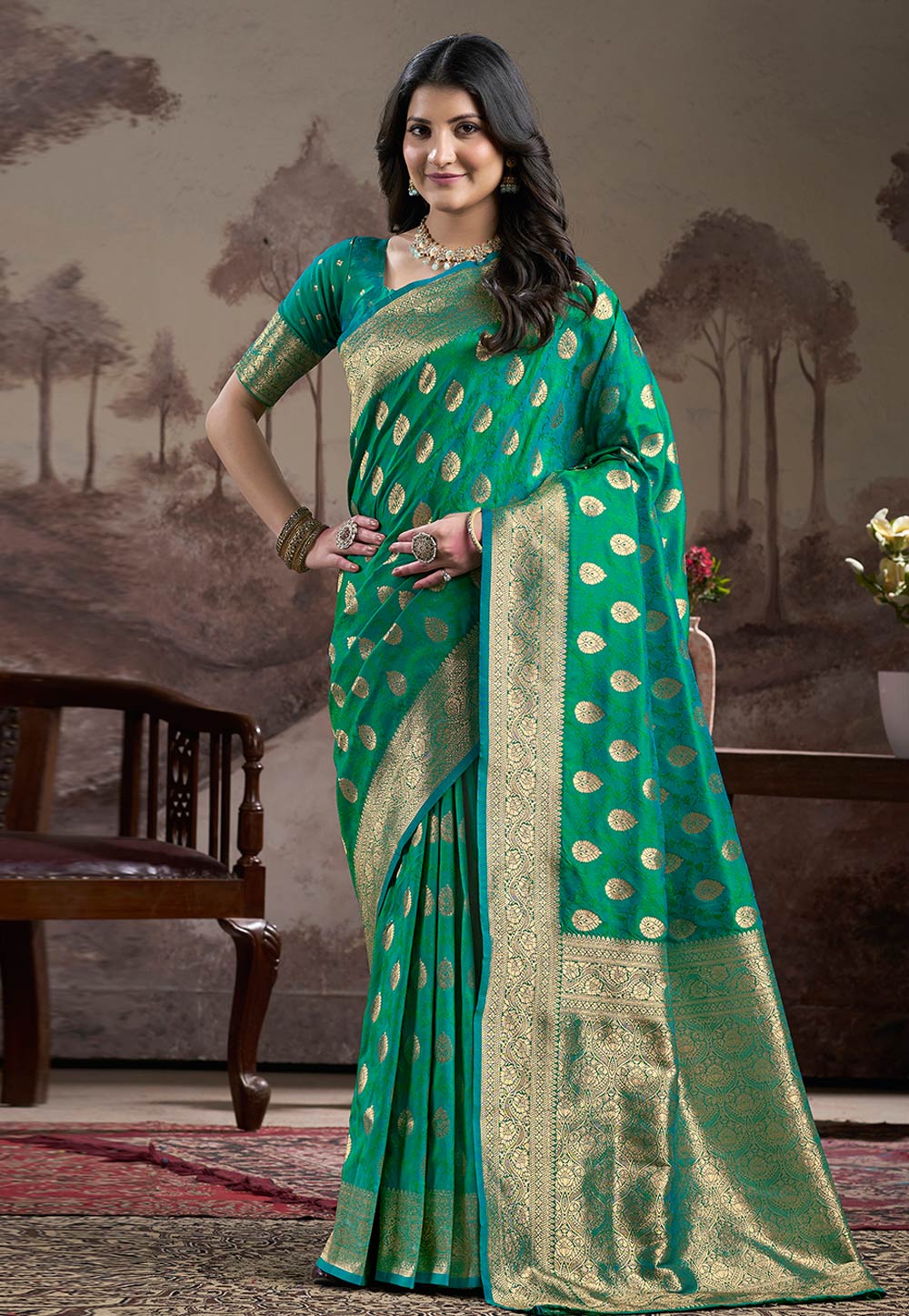 Sea Green Silk Saree With Blouse 312165