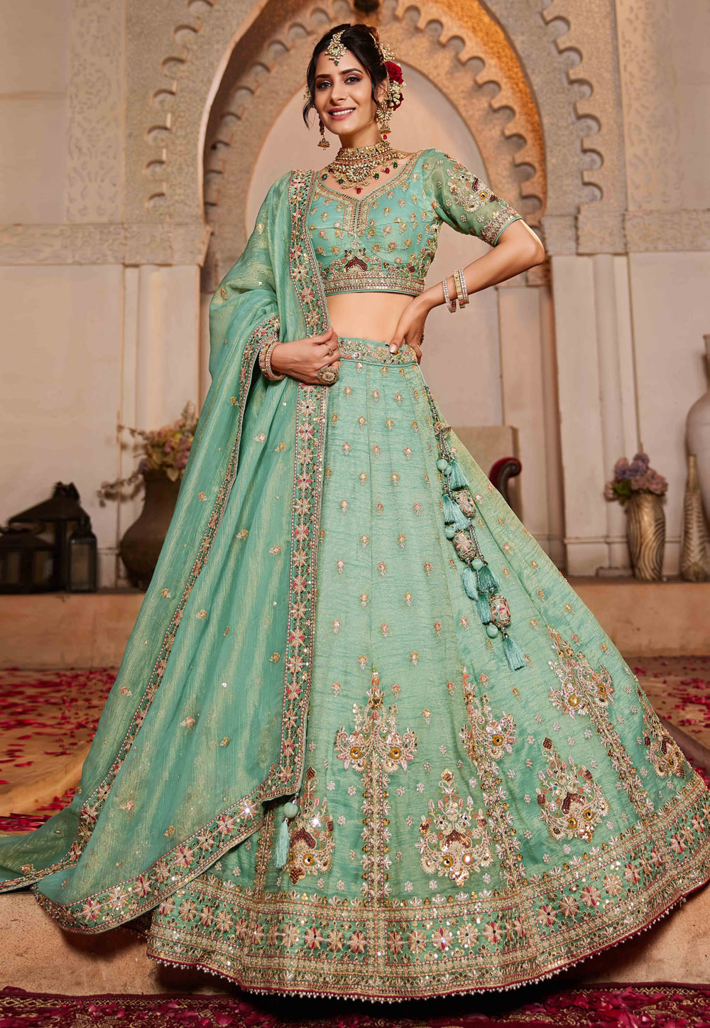 Sea Green Tissue Circular Lehenga Choli 306621