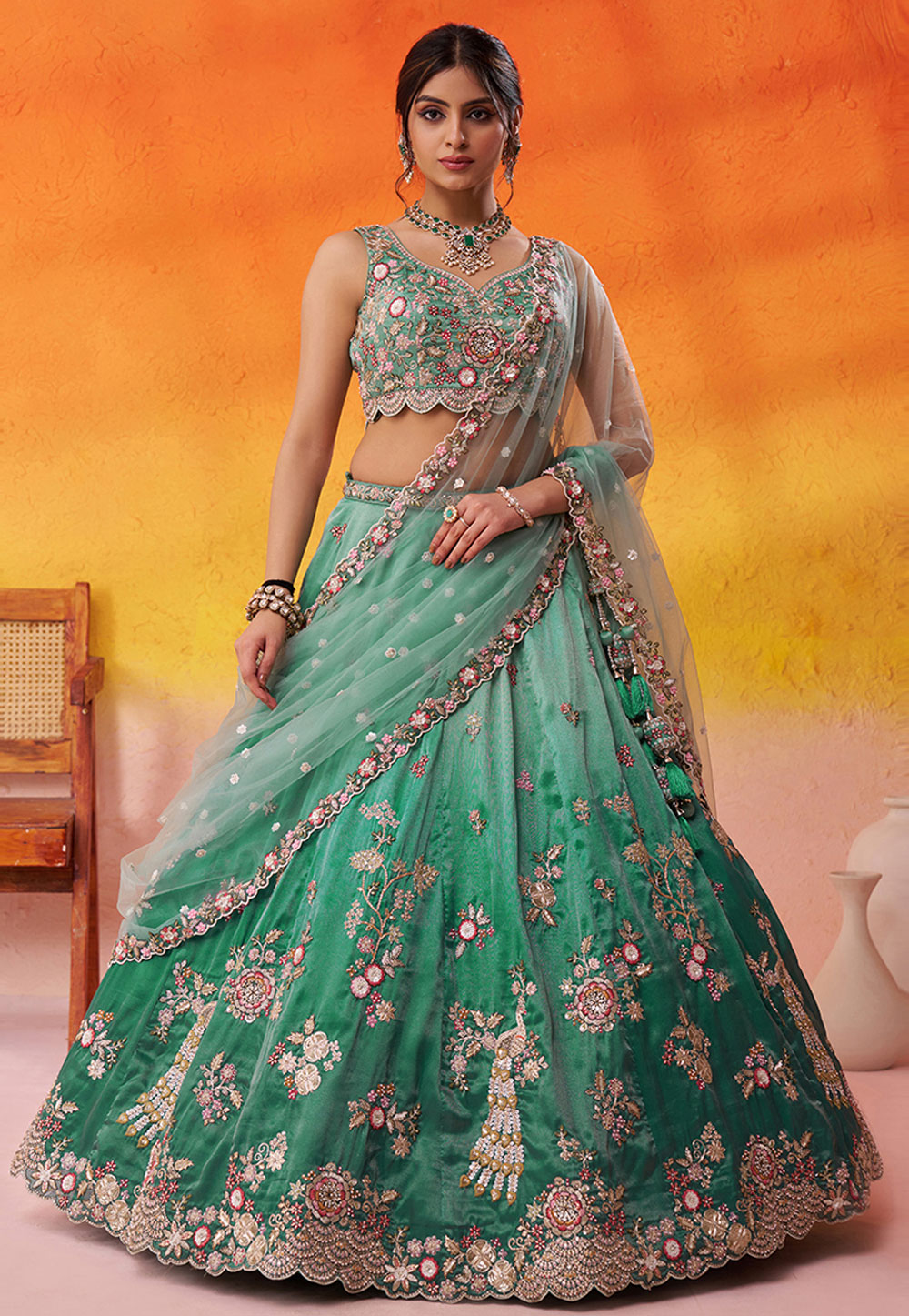 Sea Green Tissue Circular Lehenga Choli 320969