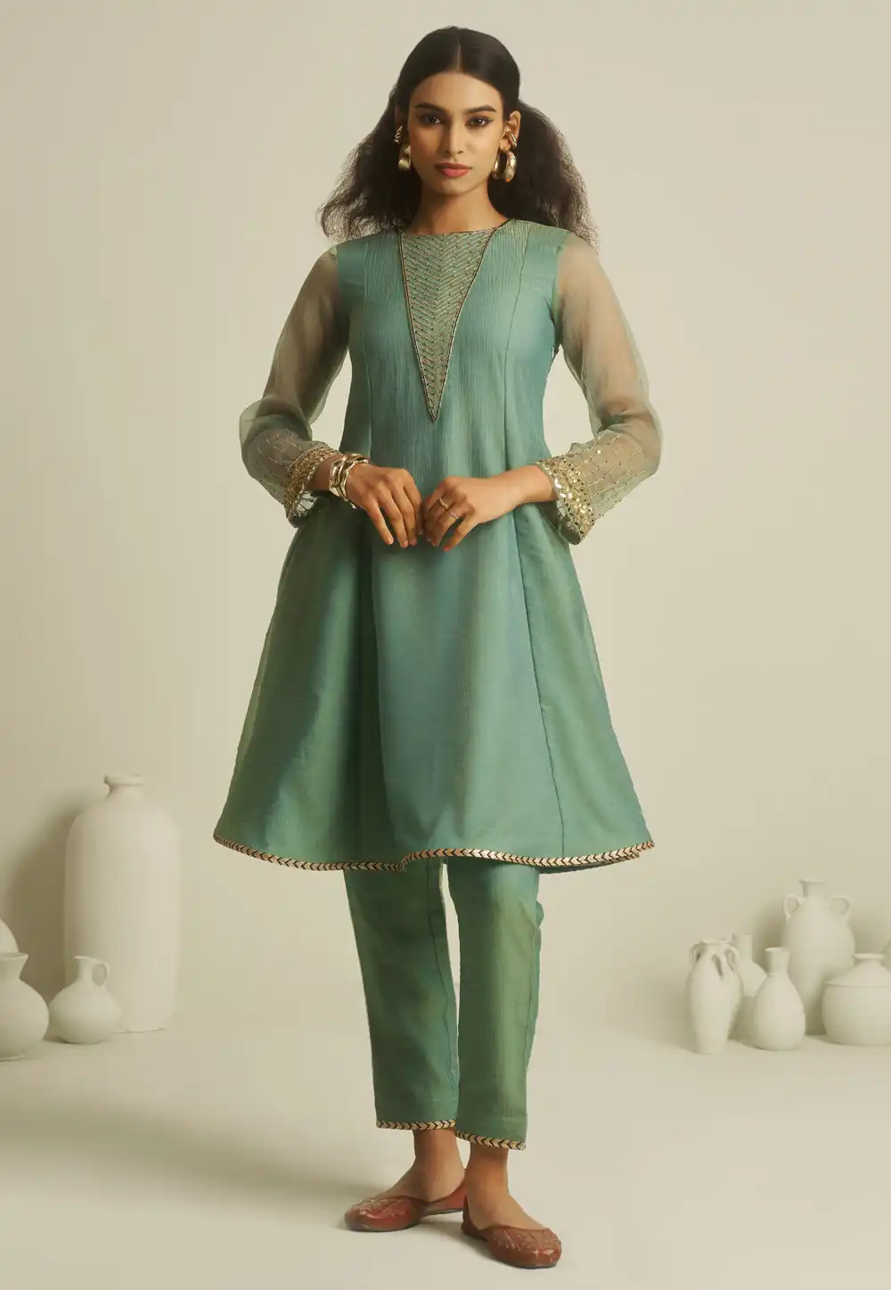 Sea Green Tissue Kurta Set With Pant 322041
