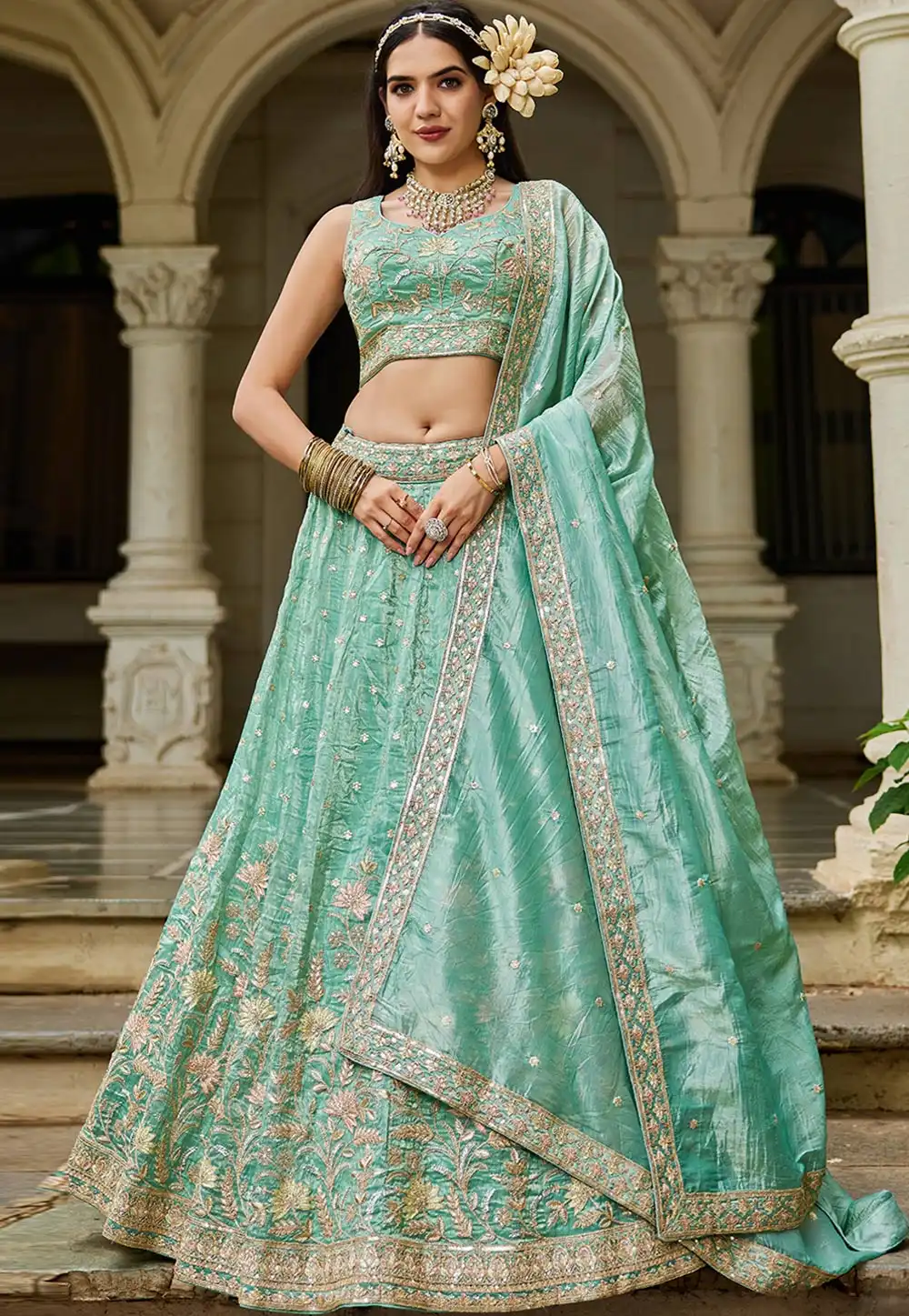 Sea Green Tissue Lehenga Choli 314927