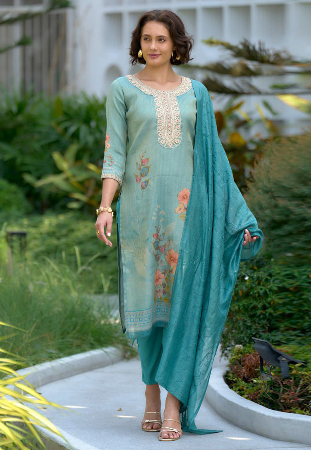 Sea Green Tissue Readymade Pant Style Suit 311984