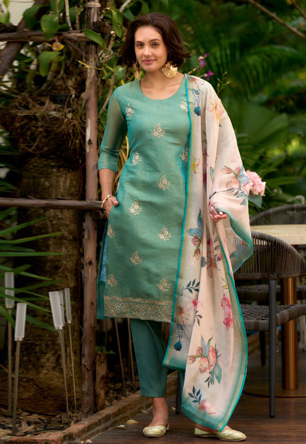 Sea Green Tissue Readymade Pant Style Suit 312032