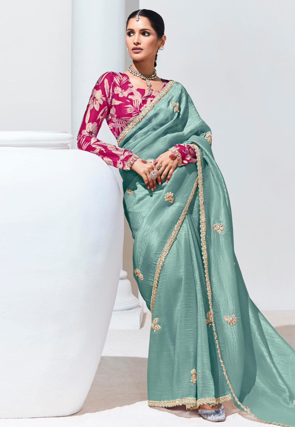 Sea Green Tissue Saree With Blouse 307790