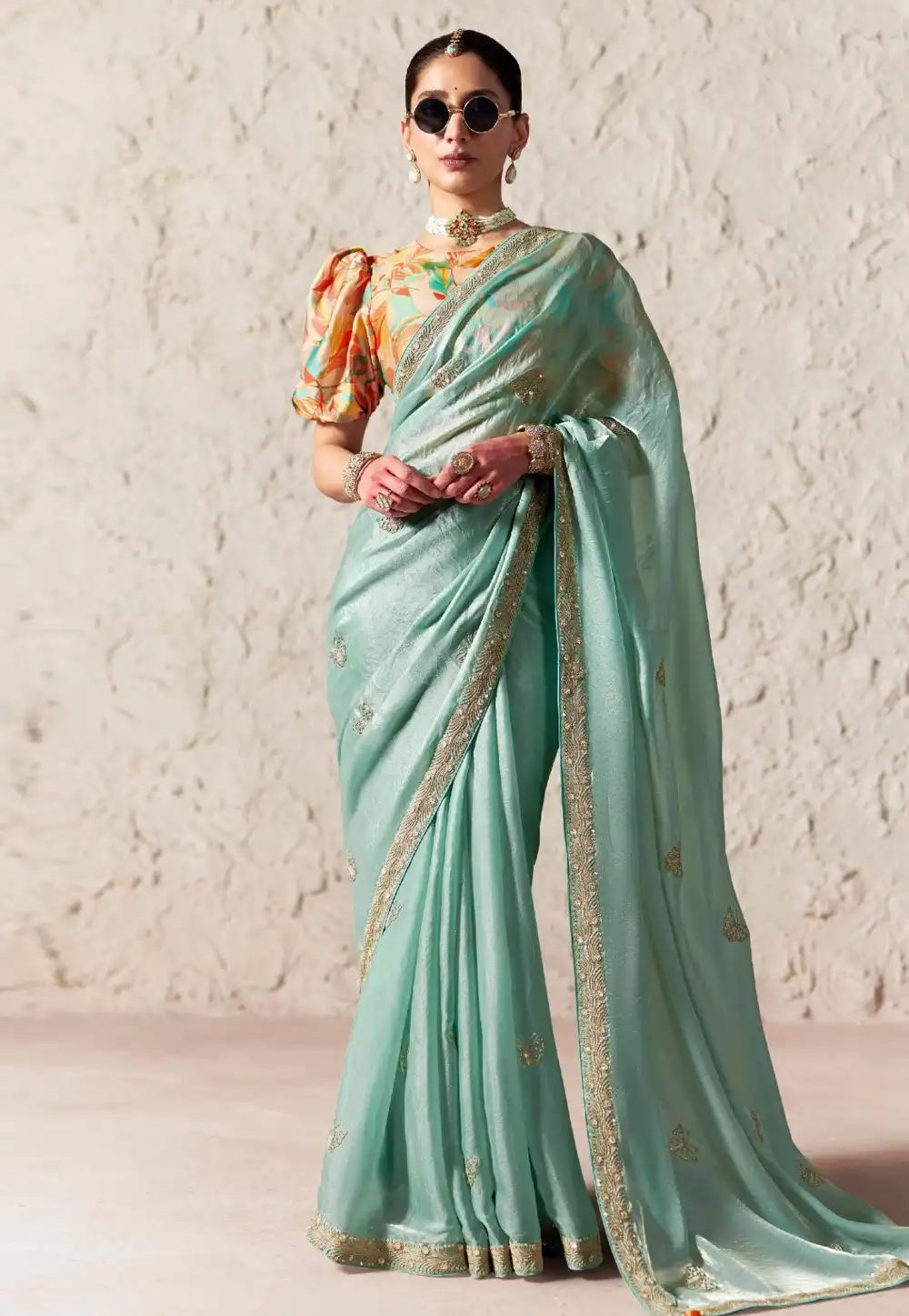 Sea Green Tissue Saree With Blouse 327896