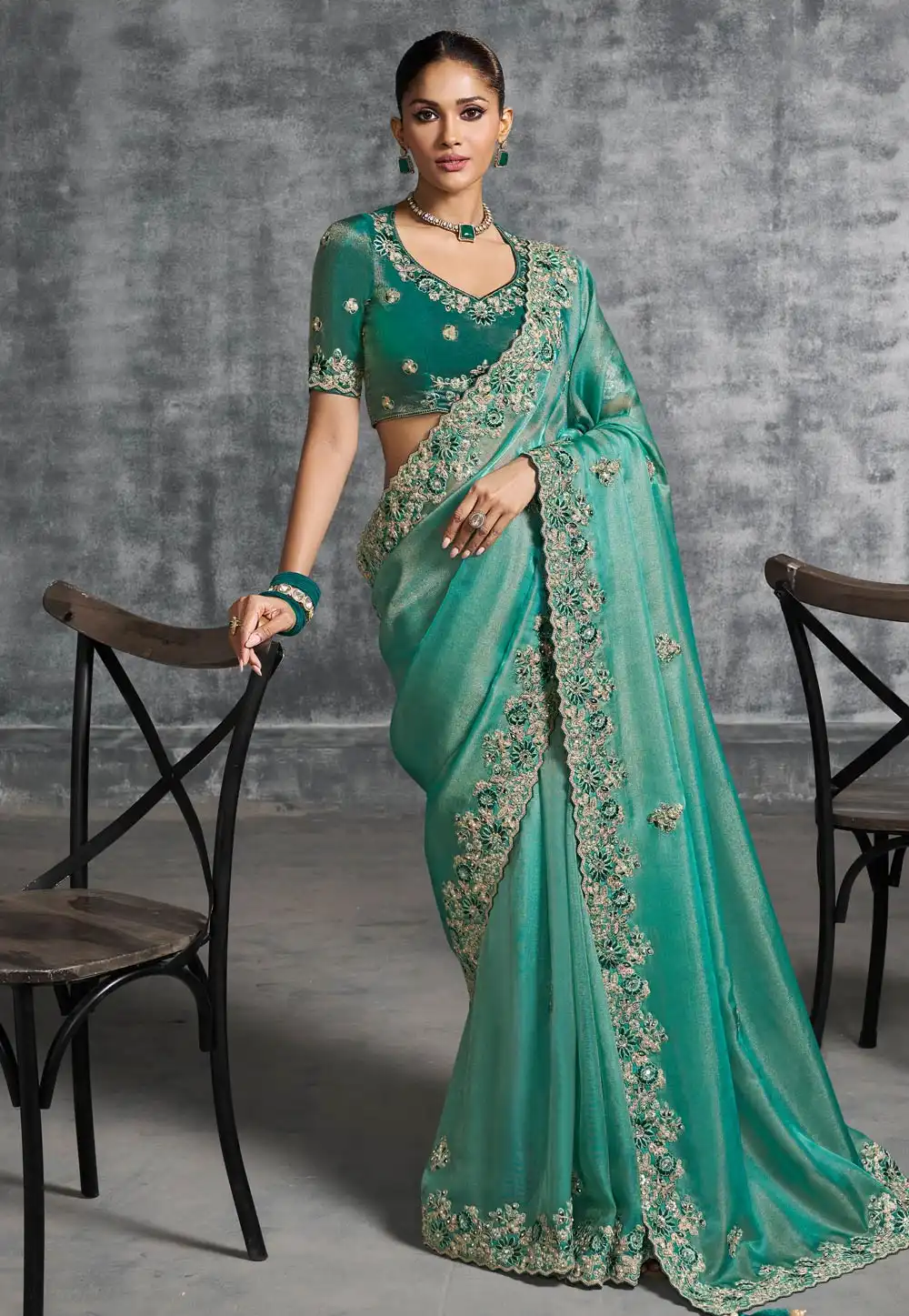 Sea Green Tissue Saree With Blouse 317933