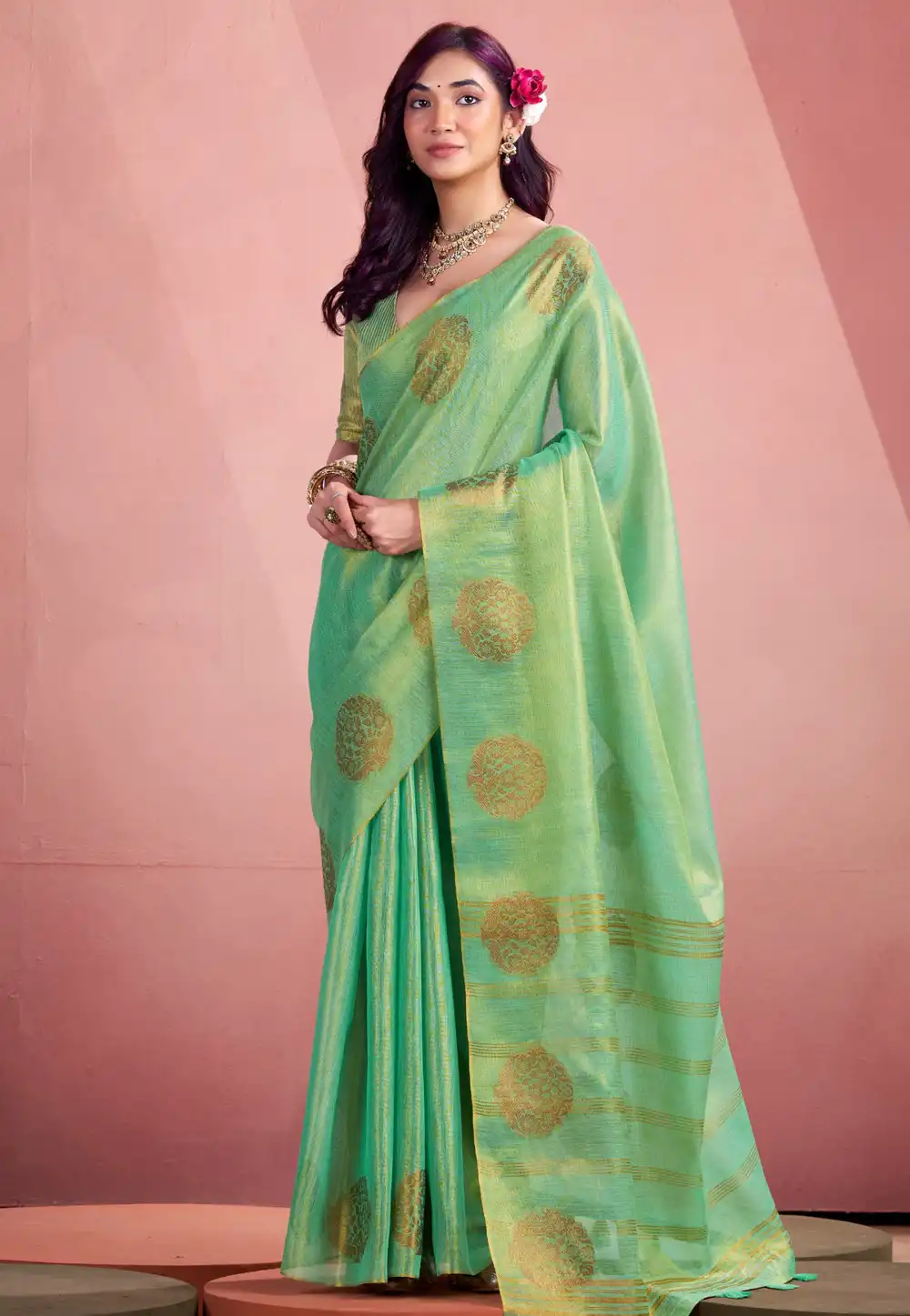 Sea Green Tissue Saree With Blouse 314301