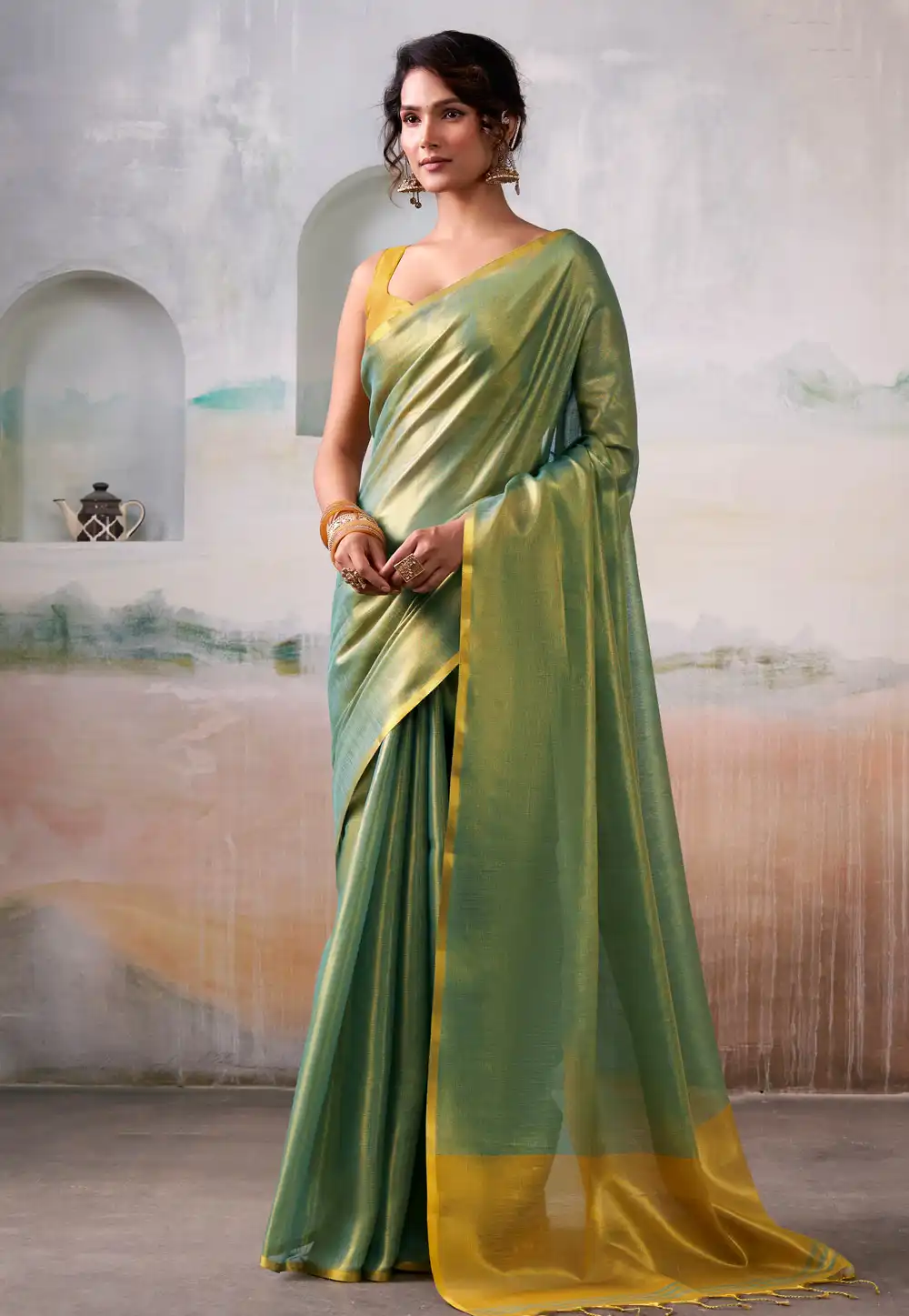 Sea Green Tissue Saree With Blouse 320140