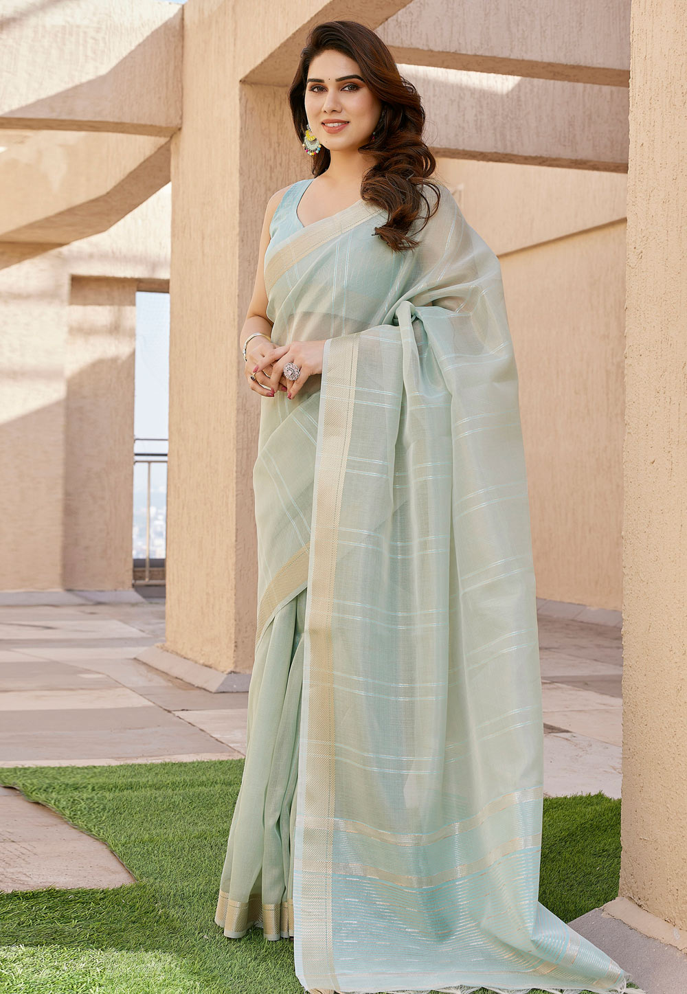 Sea Green Tissue Saree With Blouse 321657
