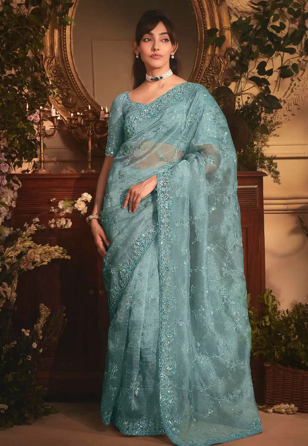 Sea Green Tissue Saree With Blouse 317047