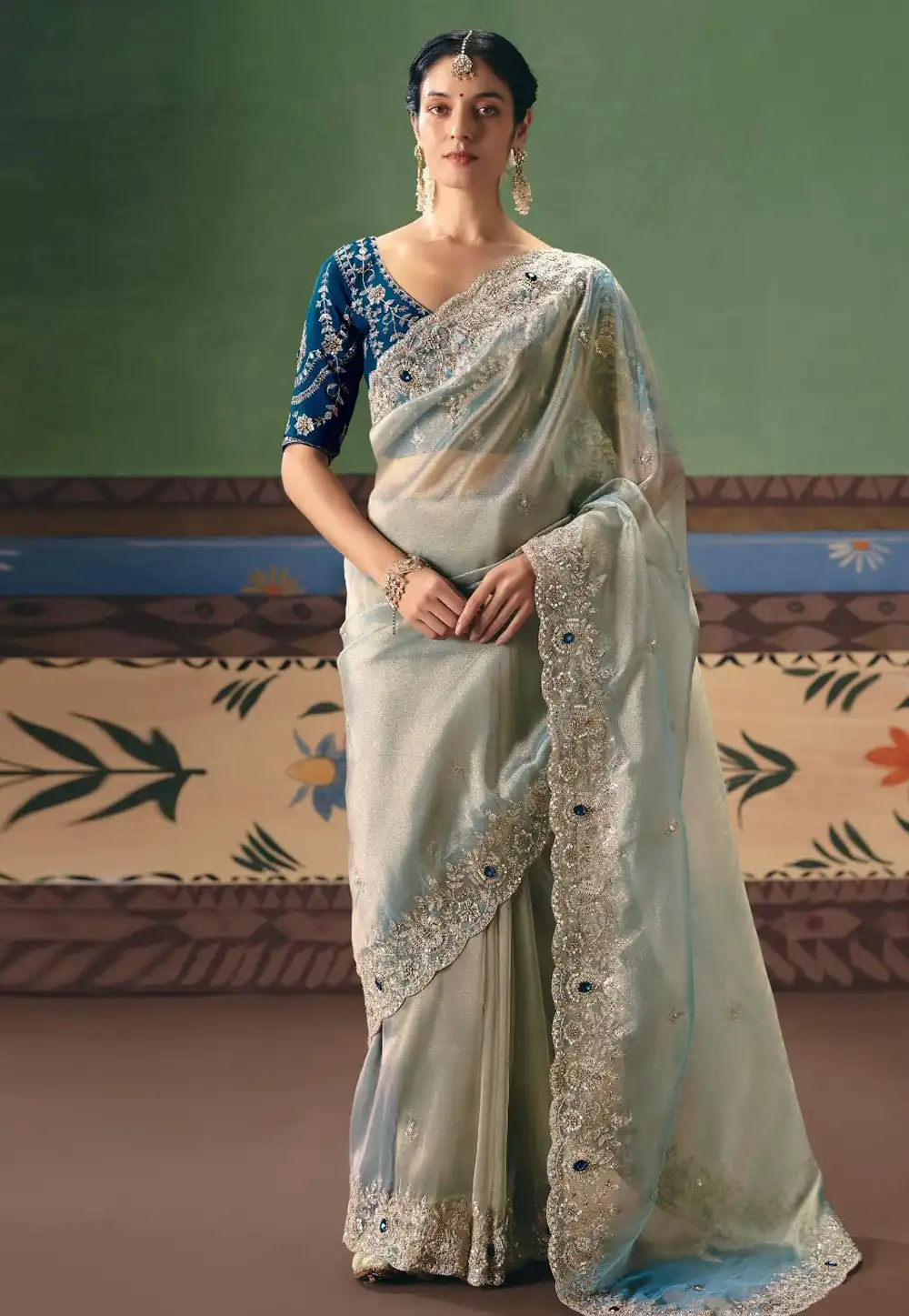 Sea Green Tissue Saree With Blouse 324649