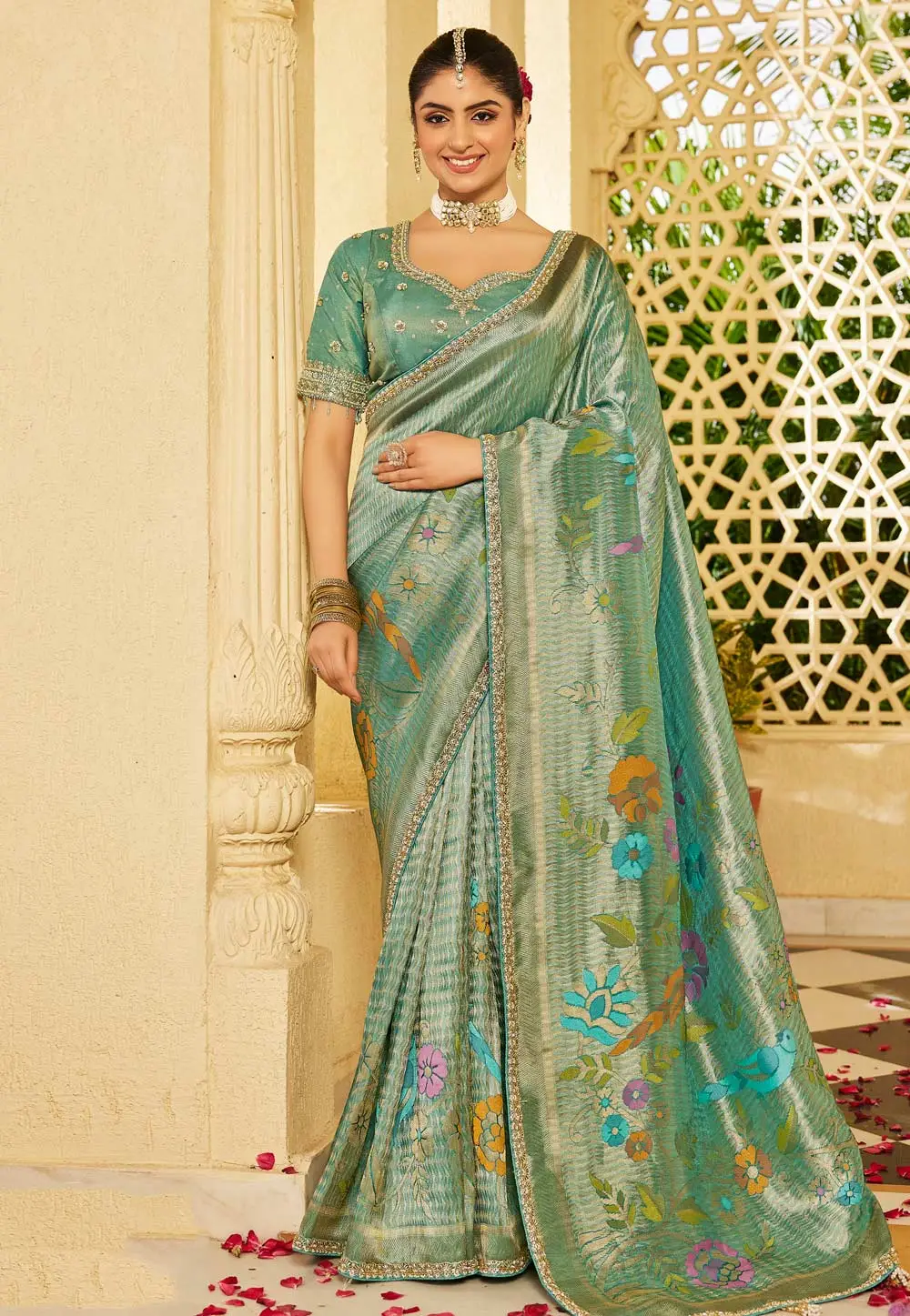 Sea Green Tissue Saree With Blouse 331159
