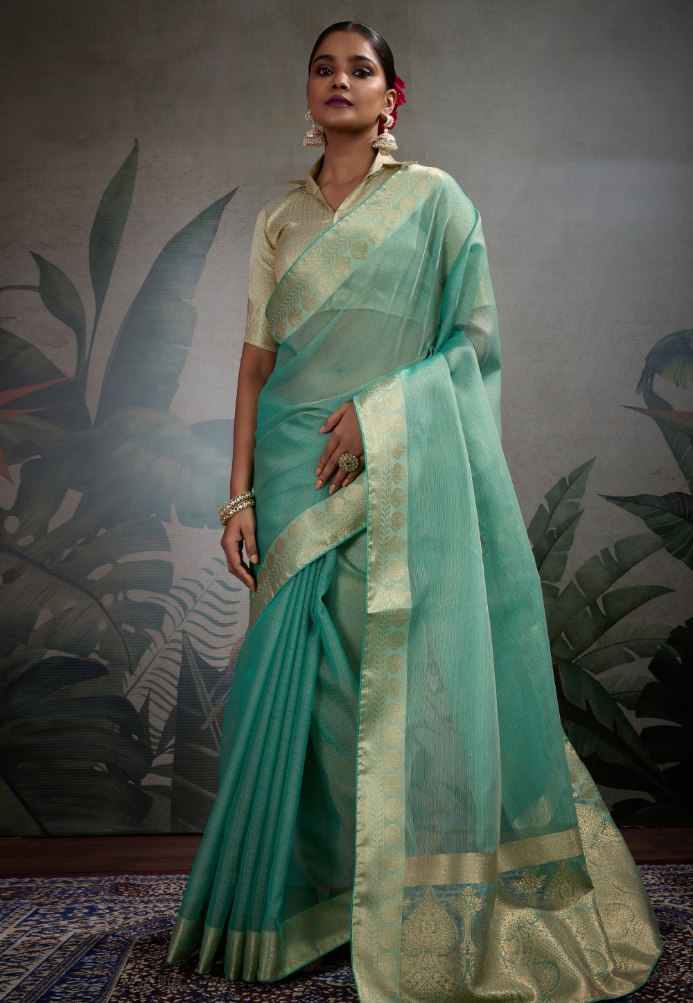 Sea Green Tissue Saree With Blouse 312100
