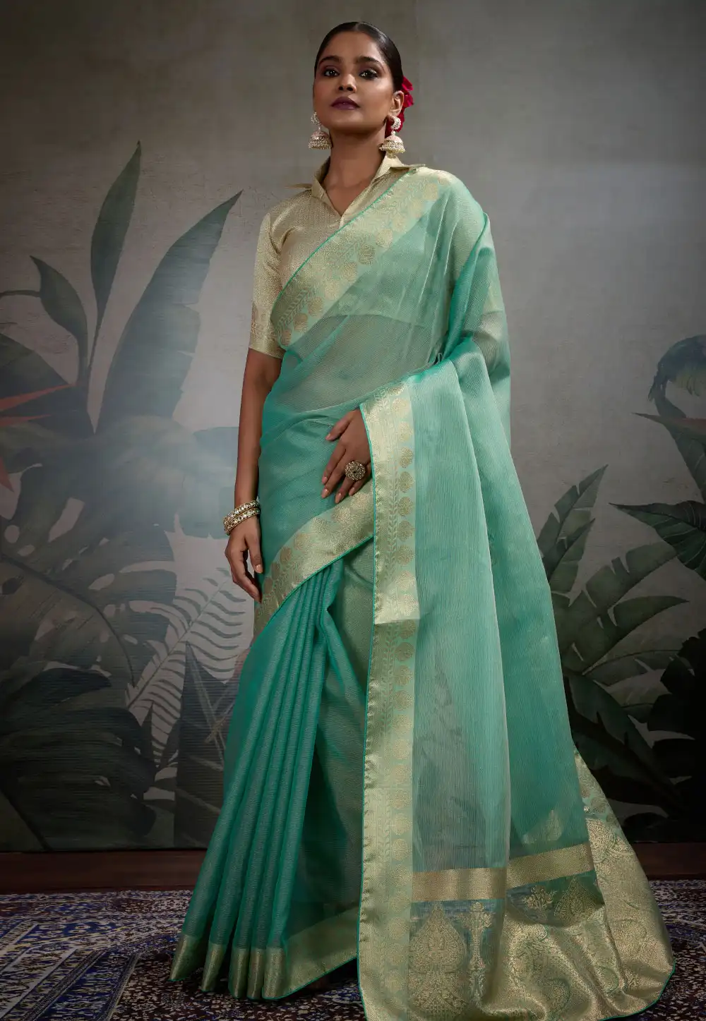 Sea Green Tissue Saree With Blouse 312100