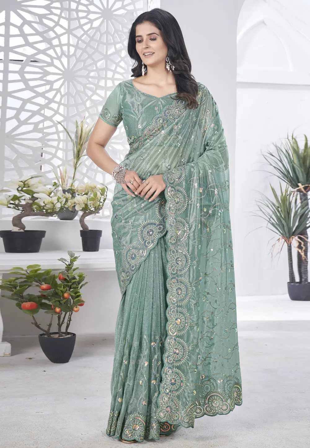 Sea Green Tissue Saree With Blouse 302540