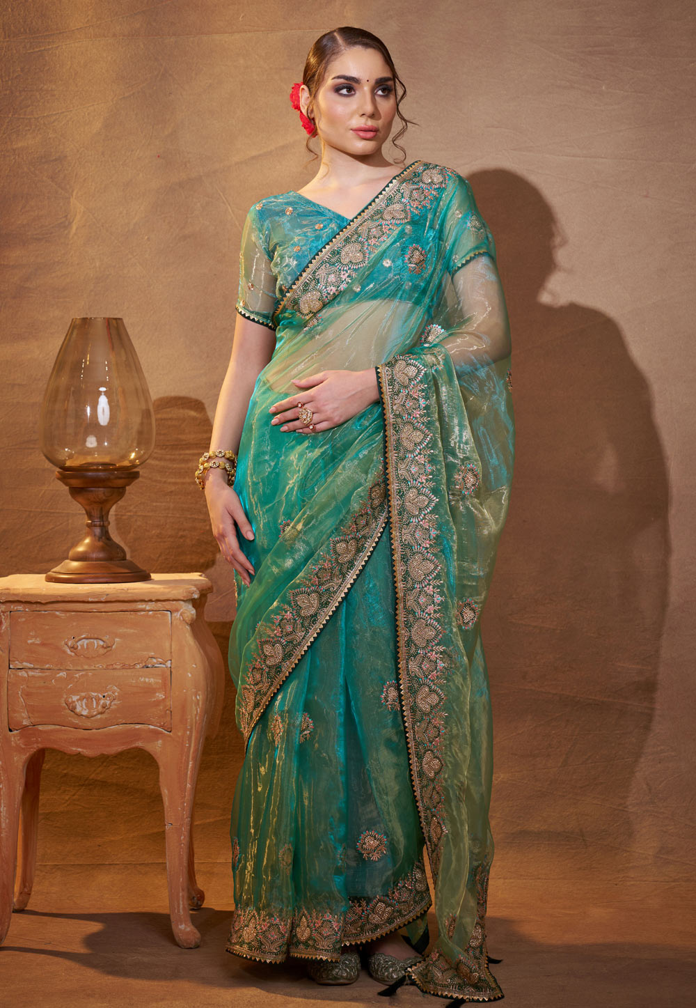 Sea Green Tissue Saree With Blouse 306956