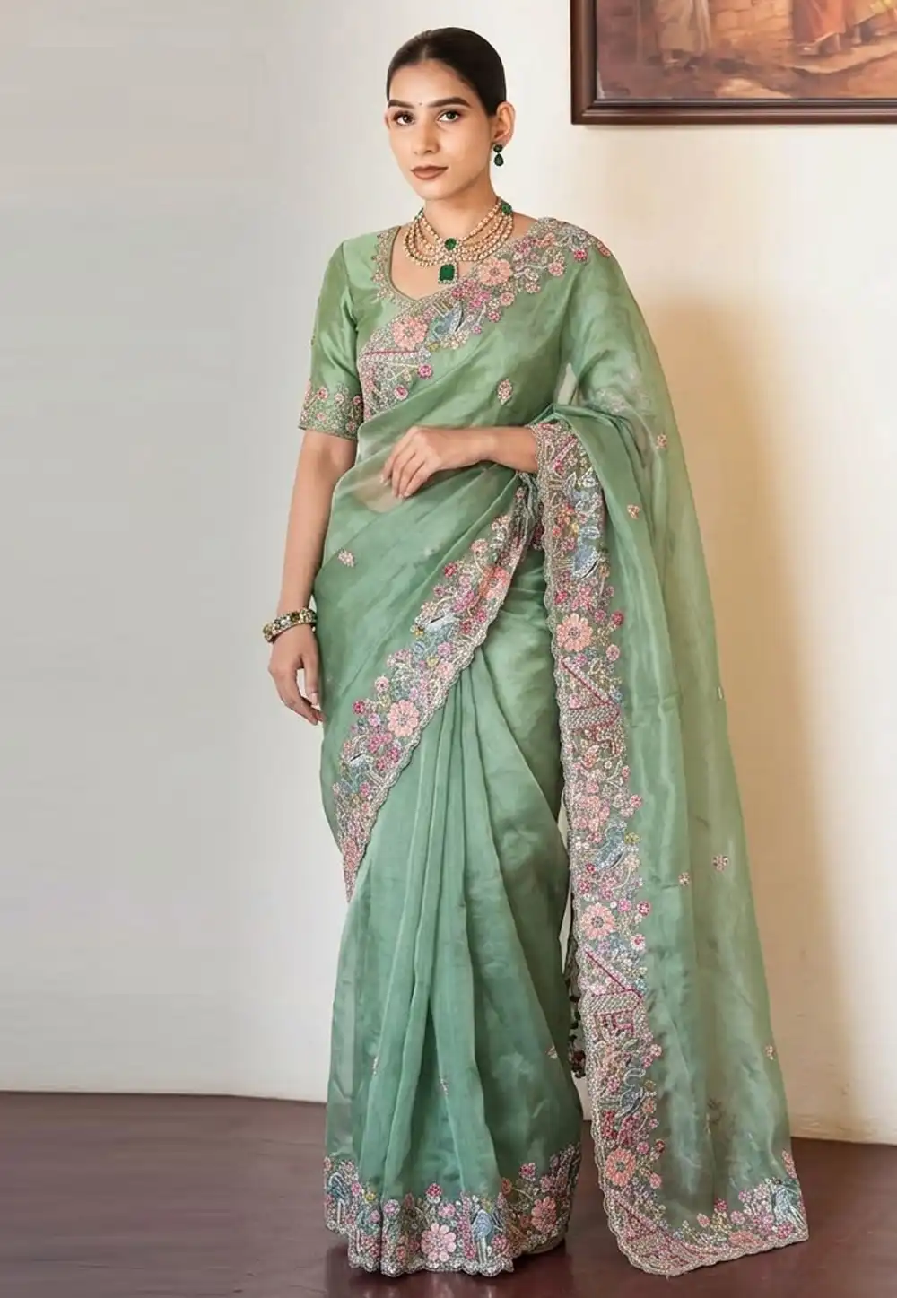 Sea Green Tissue Silk Saree With Blouse 328988