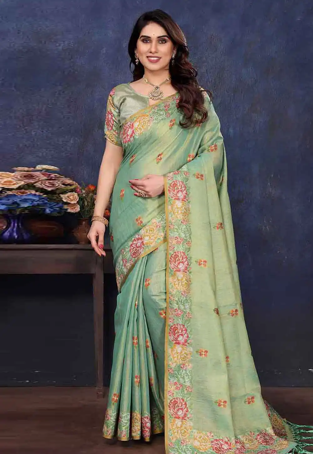 Sea Green Tissue Silk Saree With Blouse 316548