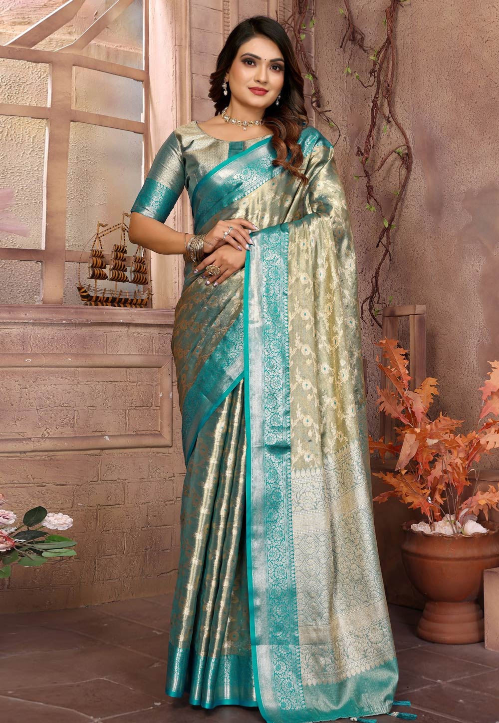 Sea Green Tissue Silk Saree With Blouse 308862