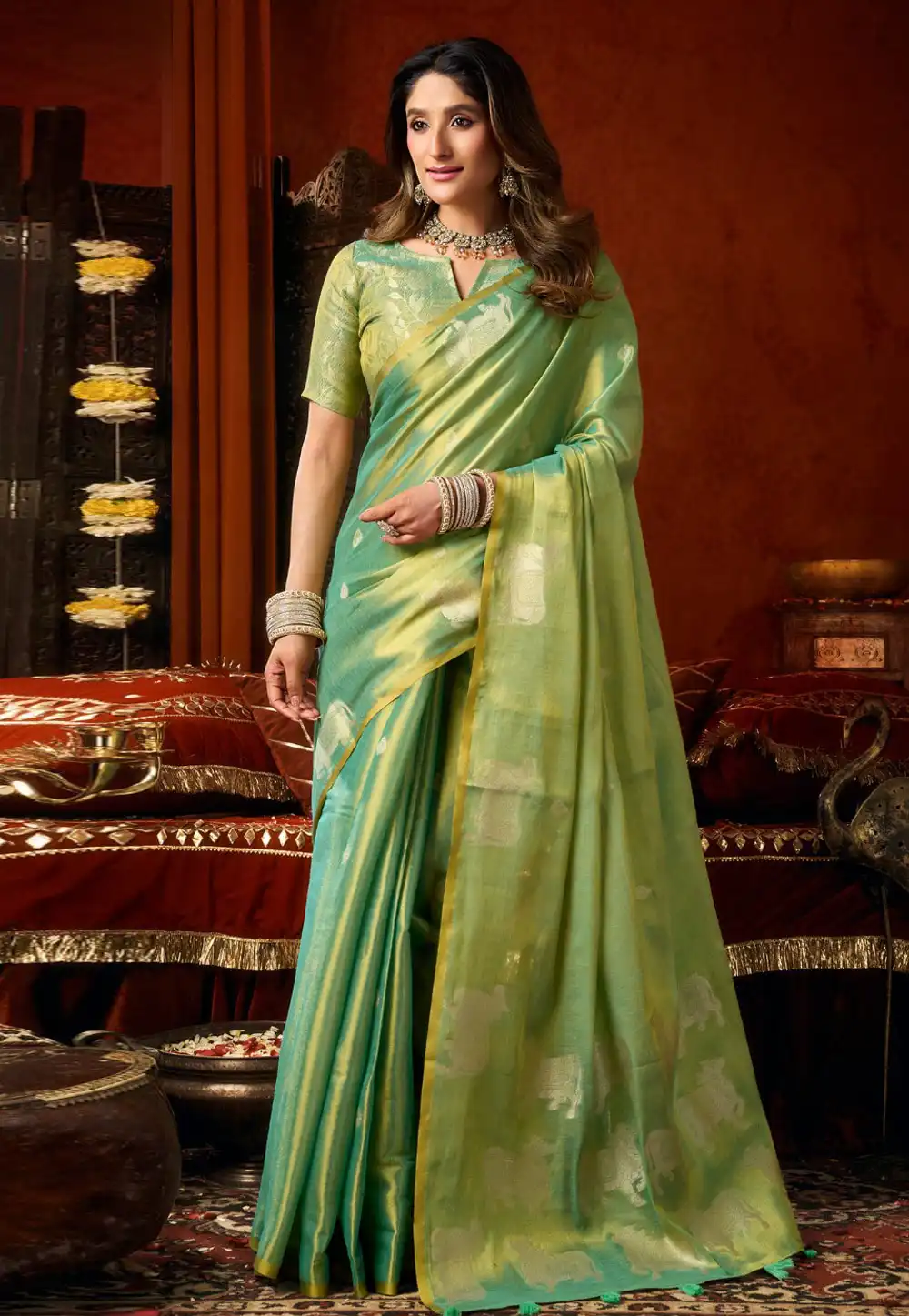 Sea Green Tissue Silk Saree With Blouse 328162