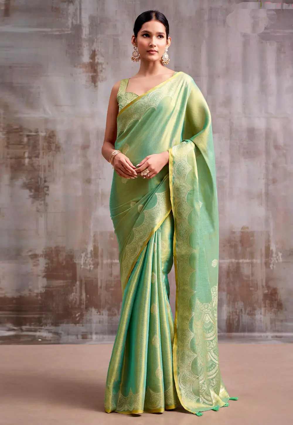Sea Green Tissue Silk Saree With Blouse 335291