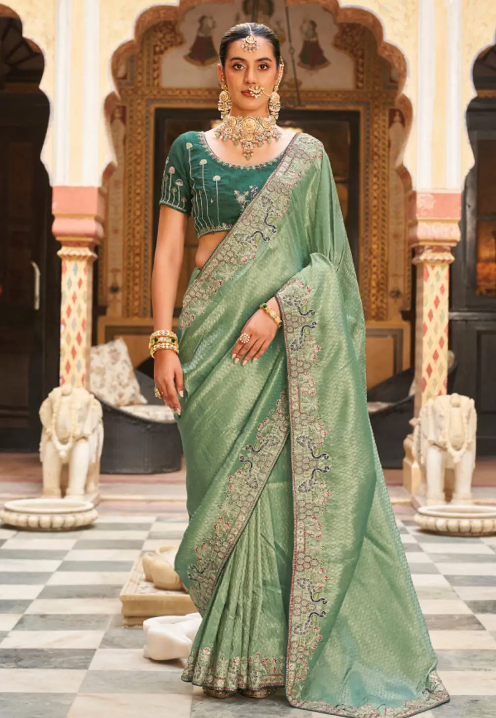Sea Green Tissue Silk Saree With Blouse 335587