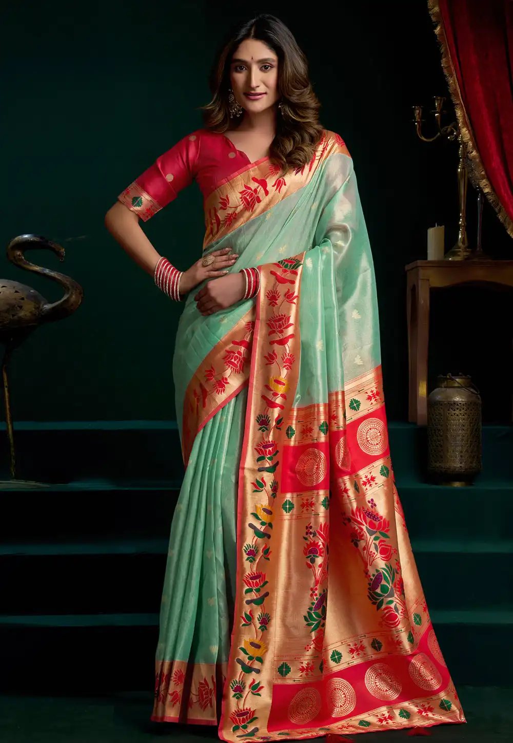 Sea Green Tissue Silk Saree With Blouse 325403
