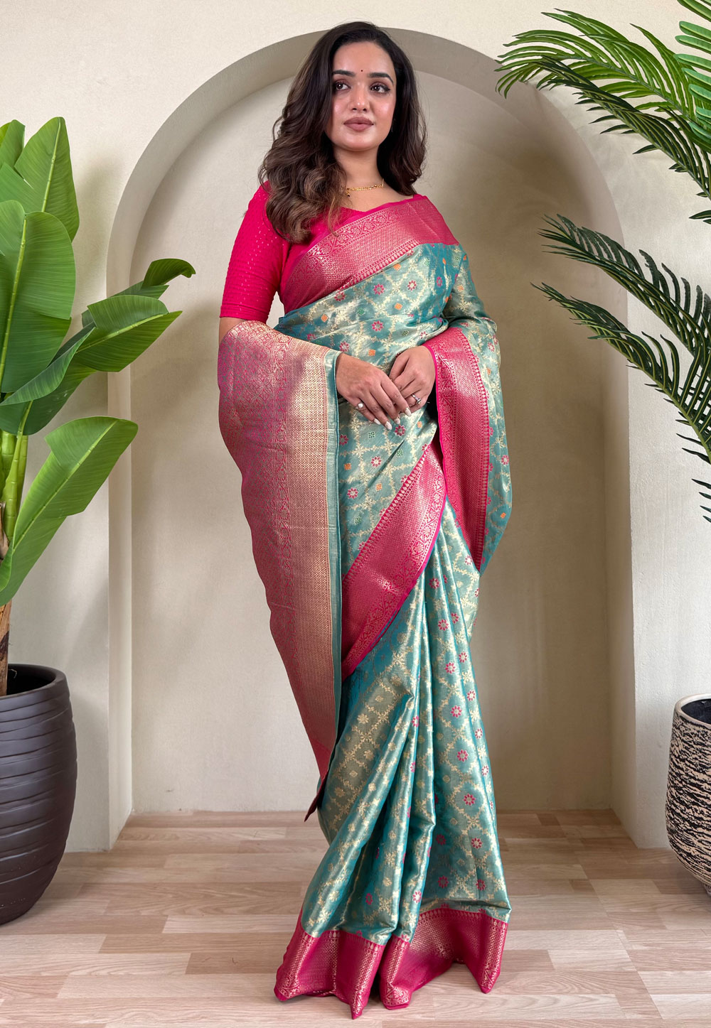Sea Green Tissue Silk Saree With Blouse 308212
