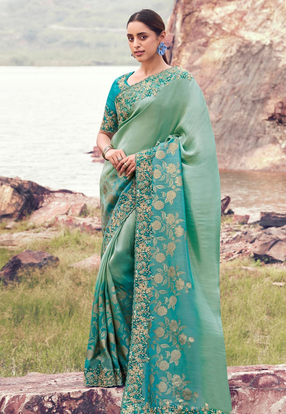 Sea Green Tissue Silk Saree With Blouse 319722