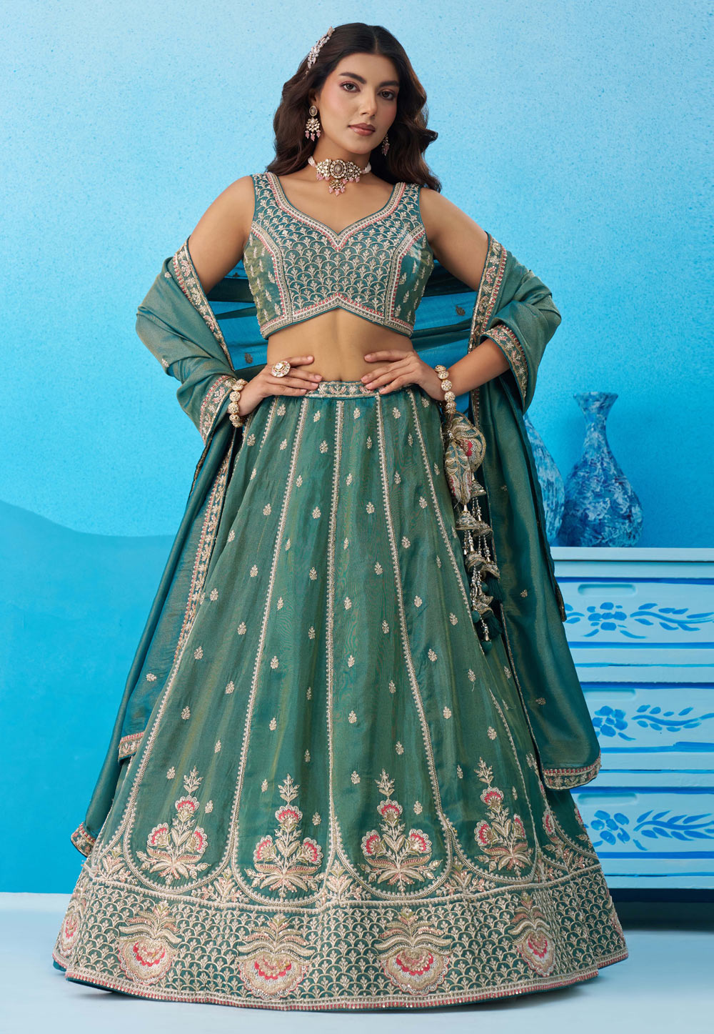Sea Green Tissue Wedding Lehenga Choli 328216