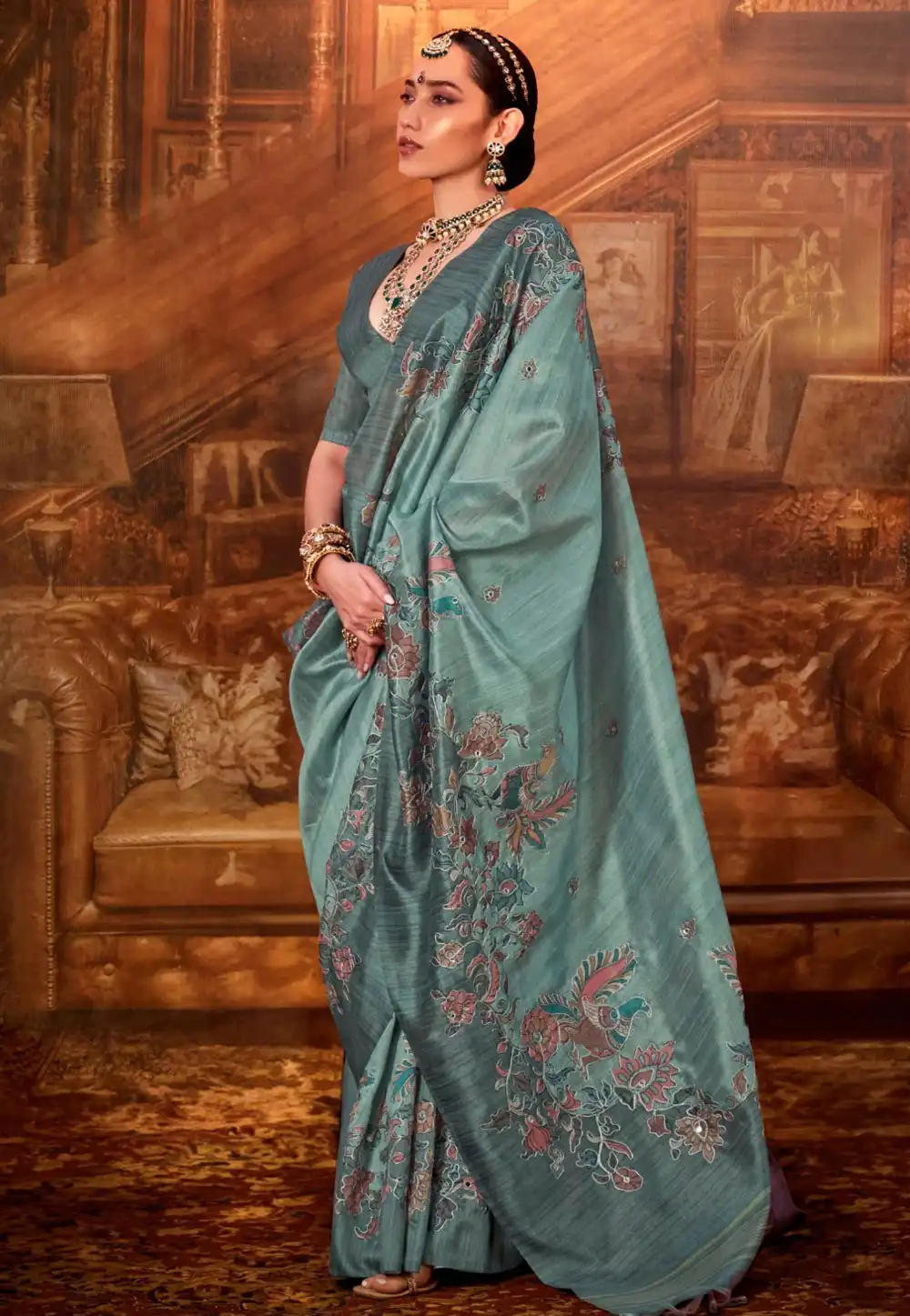 Sea Green Tussar Silk Saree With Blouse 322136
