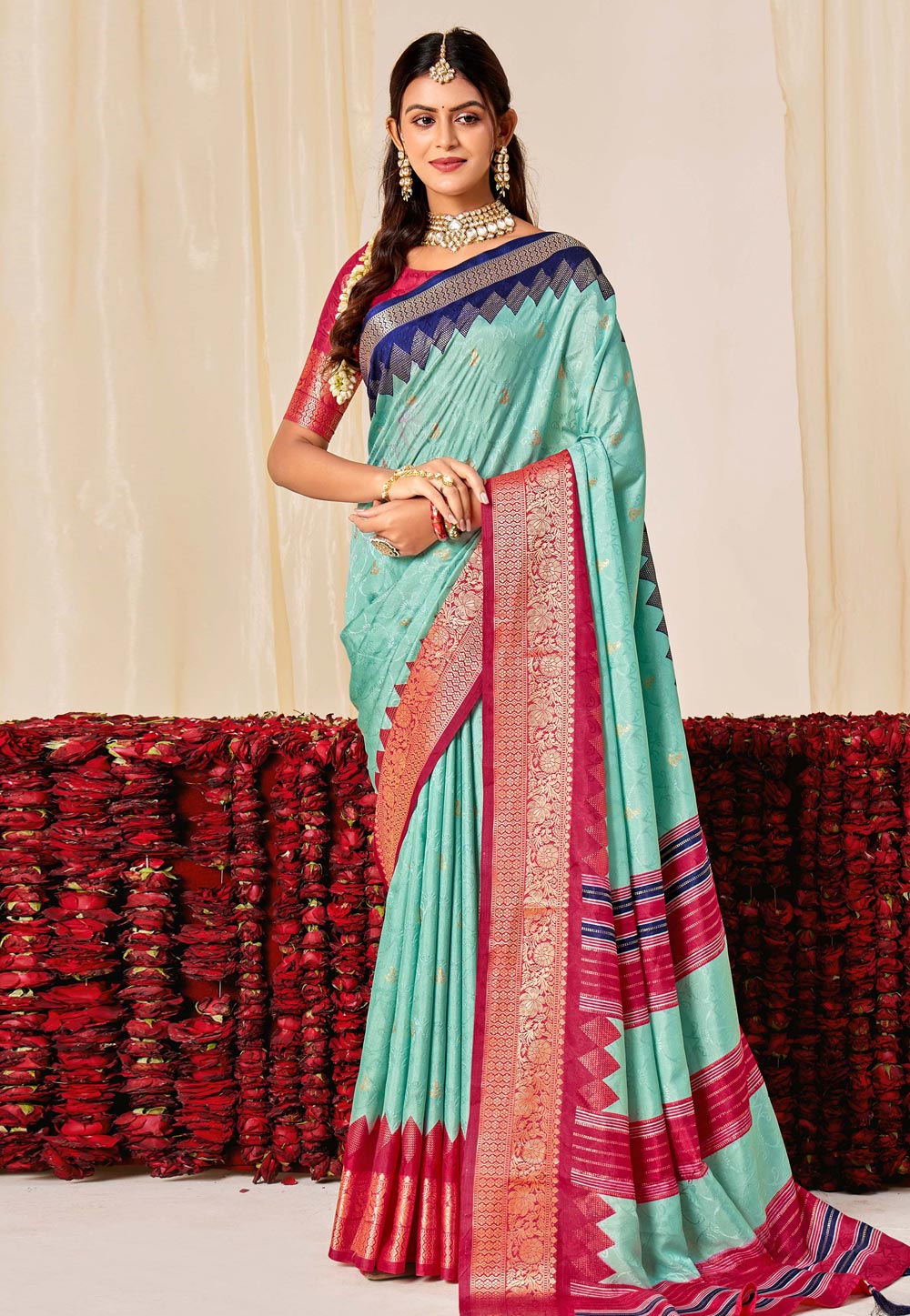 Sea Green Tussar Silk Saree With Blouse 320276