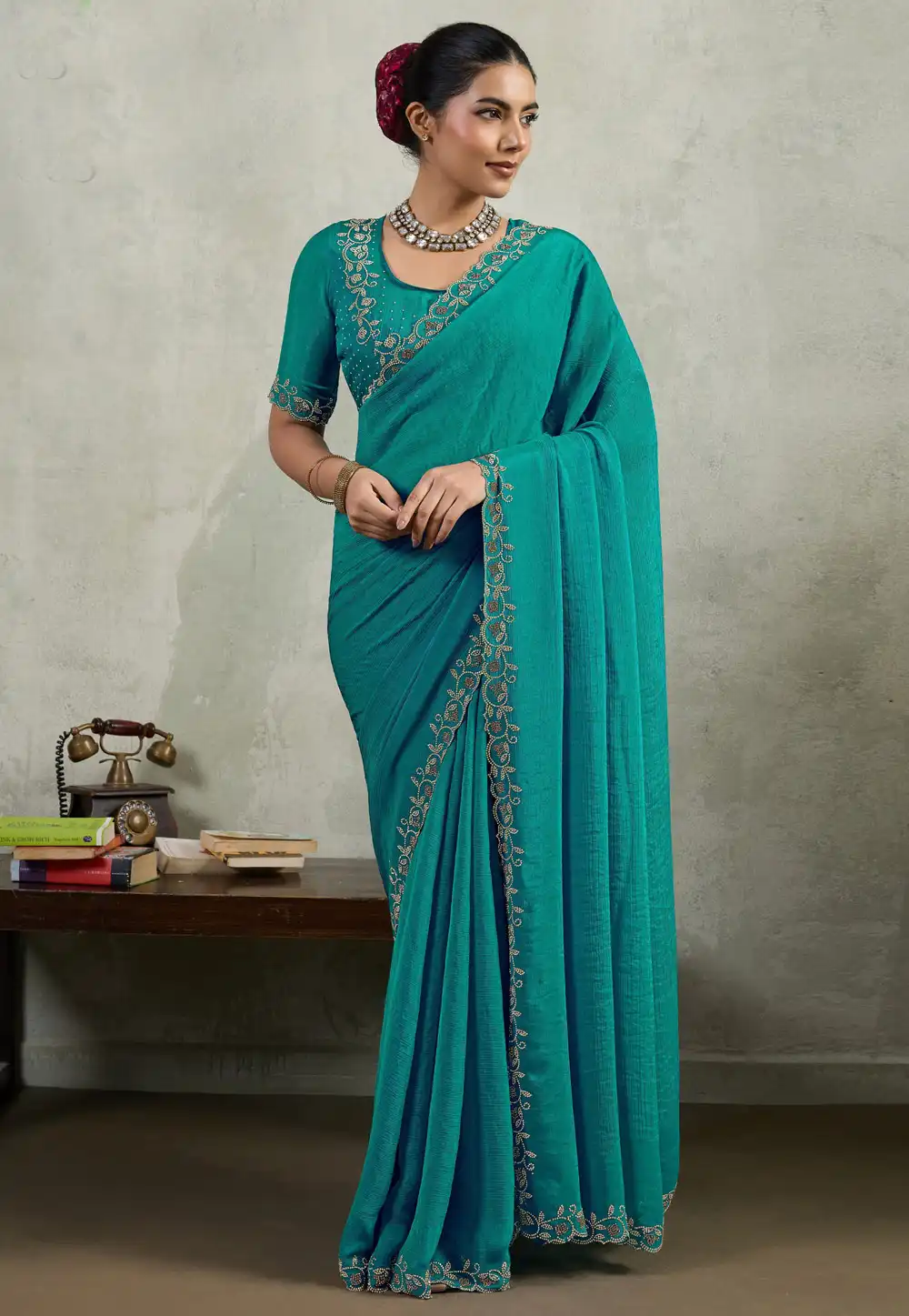 Sea Green Velvet Chiffon Saree With Blouse 317347