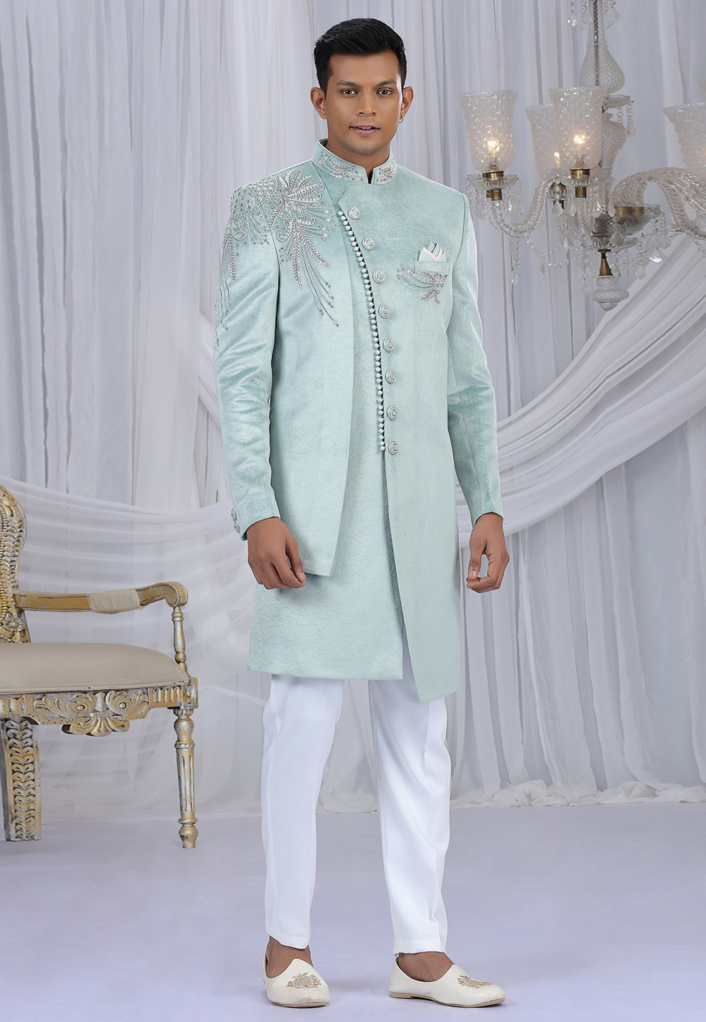 Sea Green Velvet Indo Western Sherwani 319053