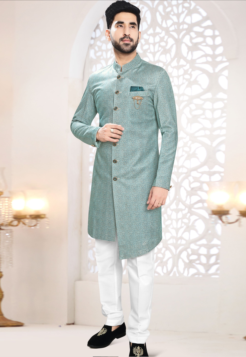 Sea Green Velvet Indo Western Suit 306429