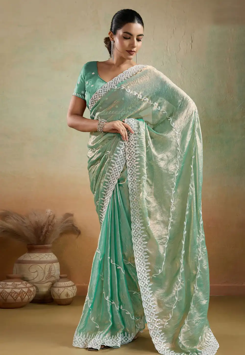 Sea Green Velvet Saree With Blouse 316997