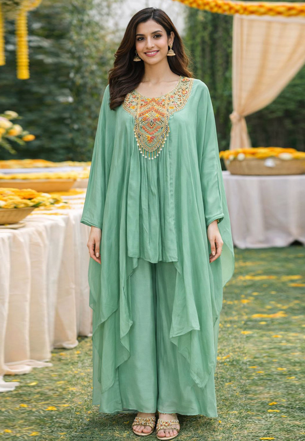 Sea Green Viscose Kurta Set With Palazzo 322437