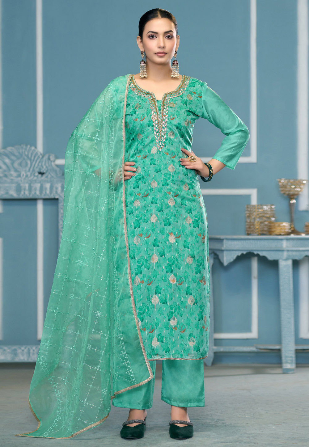 Sea Green Viscose Pant Style Suit 306843