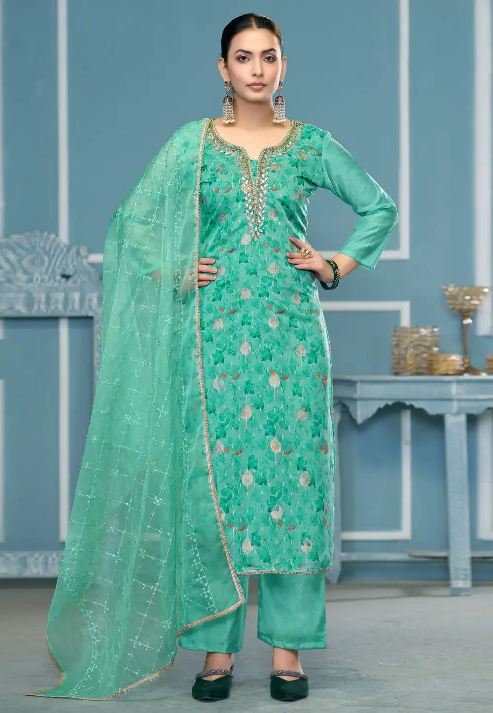Sea Green Viscose Pant Style Suit 306843