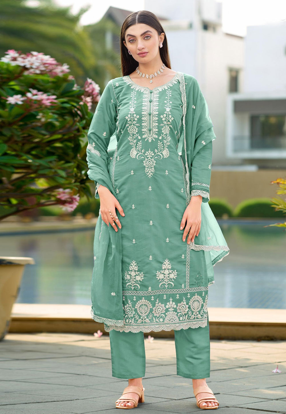 Sea Green Viscose Readymade Pakistani Suit 323910