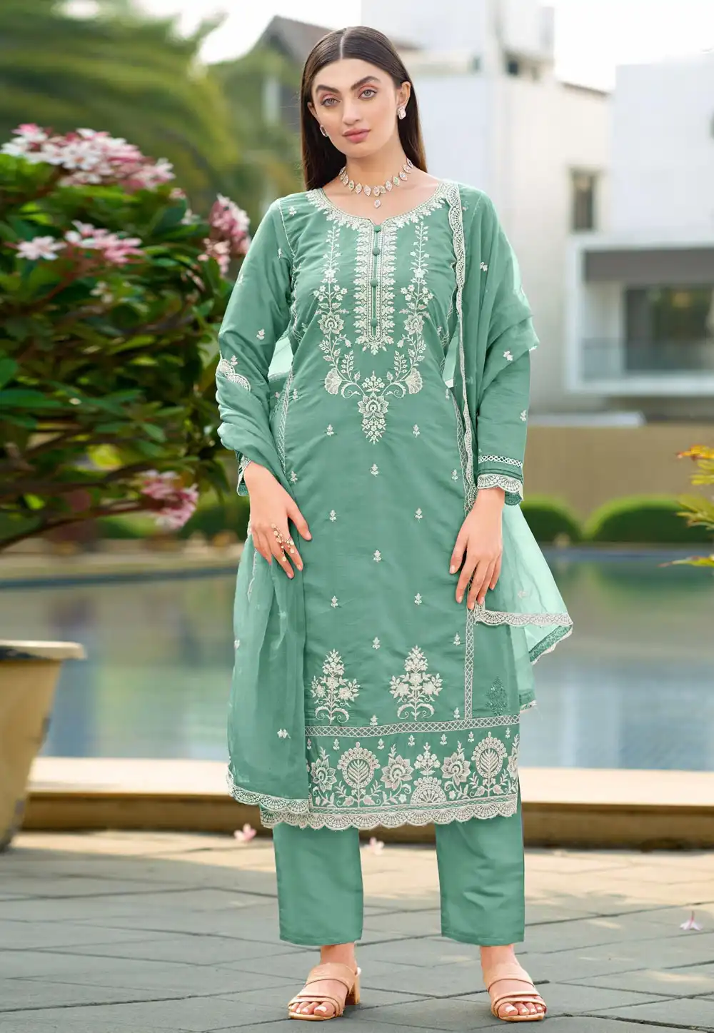 Sea Green Viscose Readymade Pakistani Suit 323910