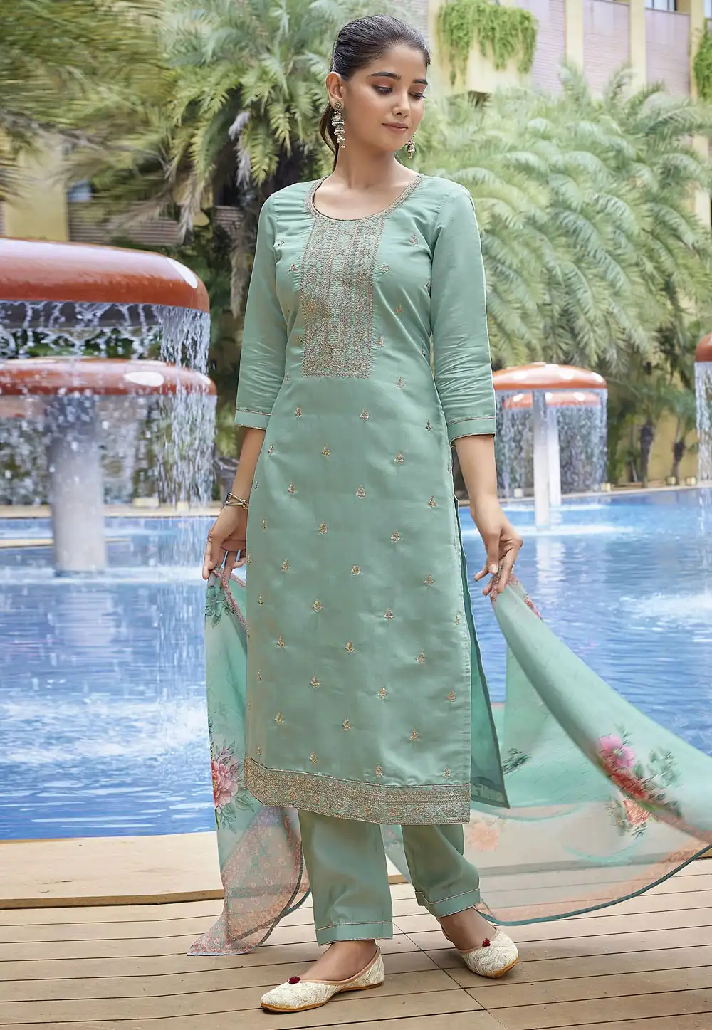 Sea Green Viscose Readymade Pant Style Suit 308137