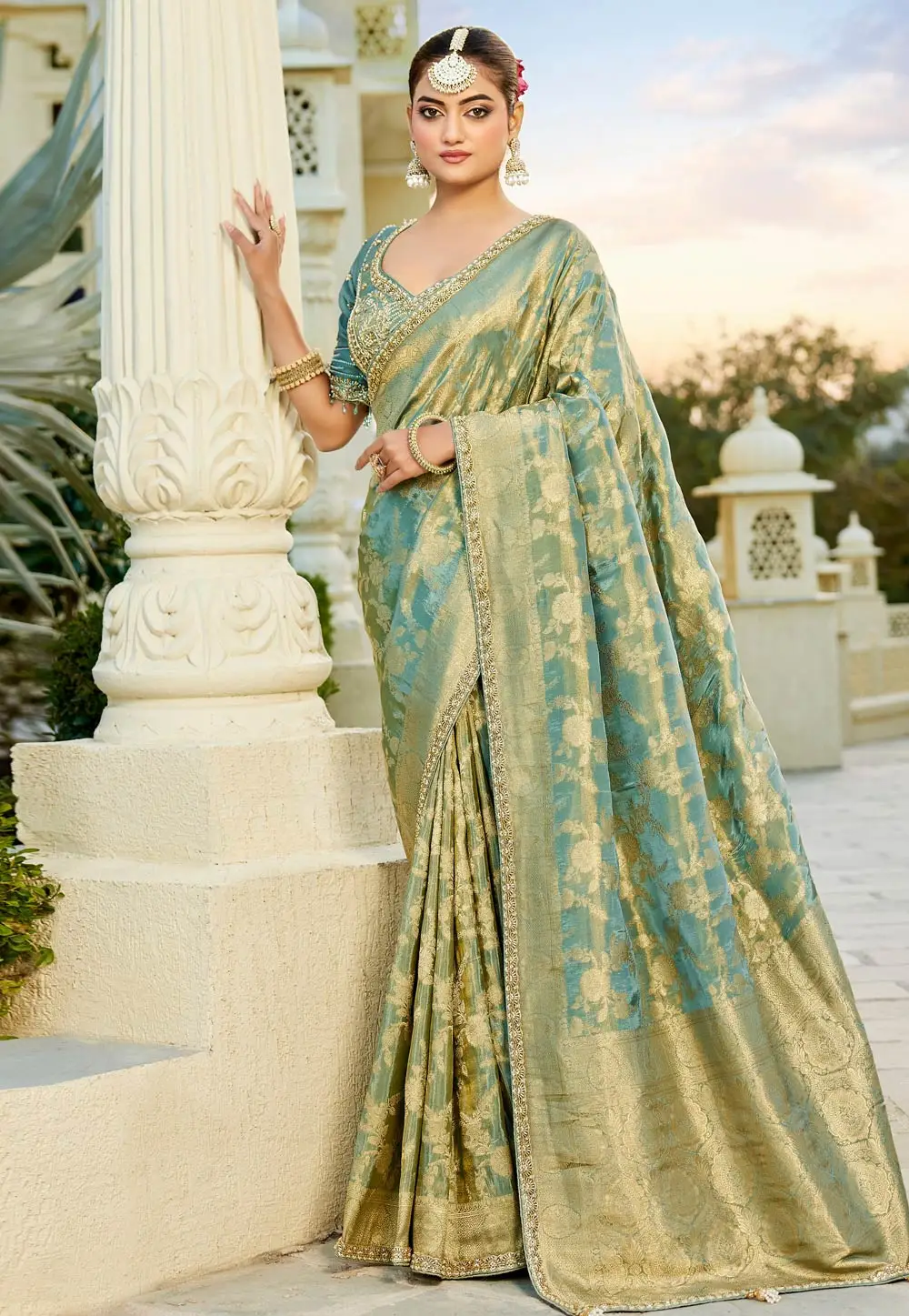 Sea Green Viscose Saree With Blouse 331144