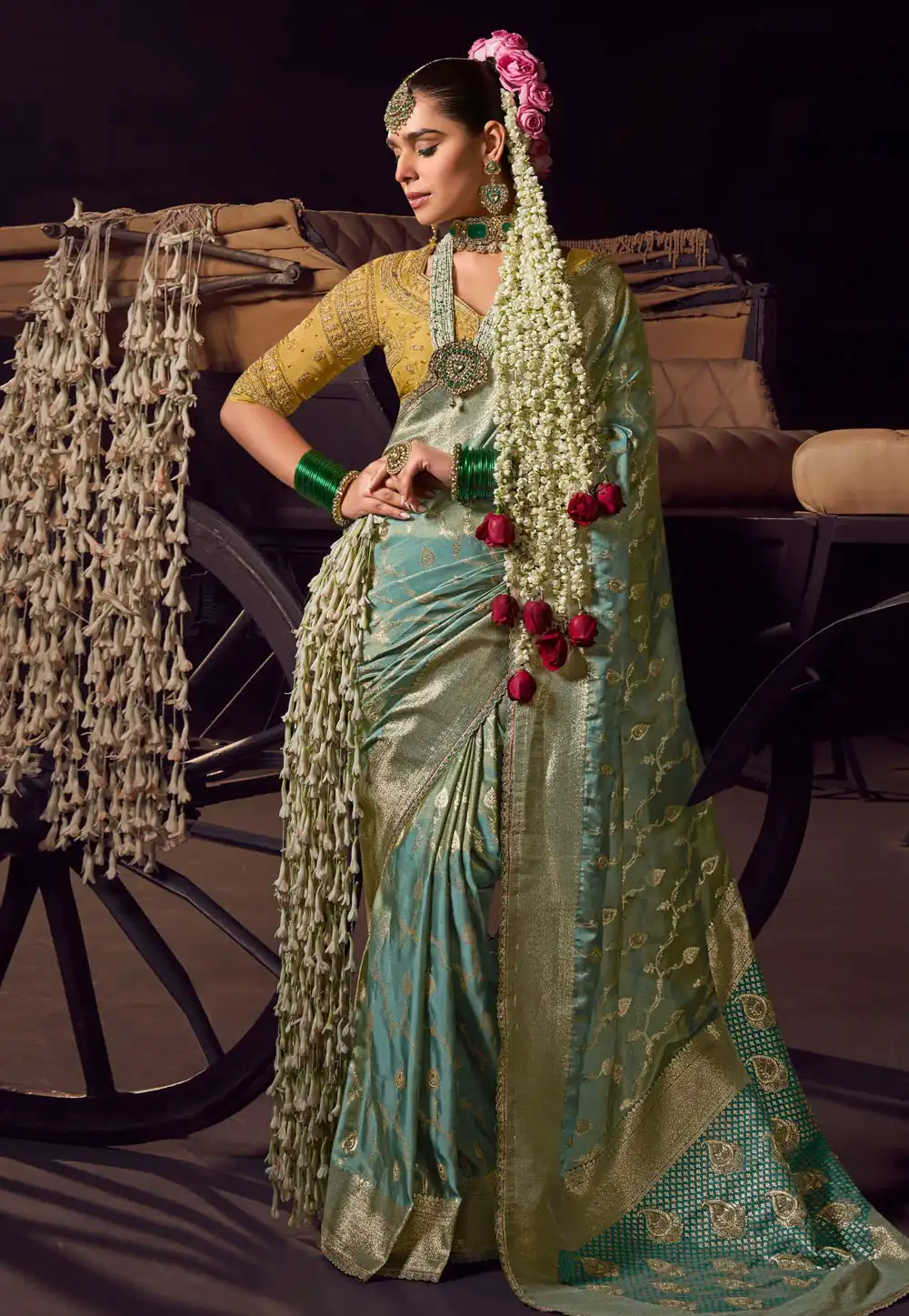 Sea Green Viscose Saree With Blouse 313437