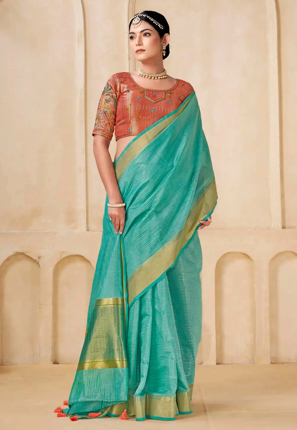 Sea Green Viscose Saree With Blouse 313199
